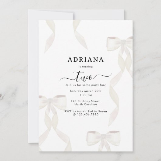 Extravaganter weißer Bow-Kindergeburtstag Einladung (Vorderseite)