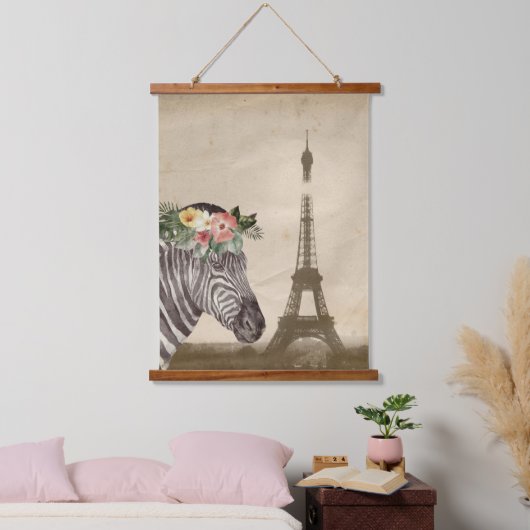 Extravaganter Zebra- und Eiffelturm Wandteppich Mit Holzrahmen (Schlafzimmer)