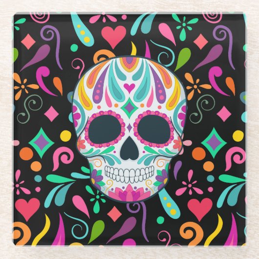 Extravaganter Zuckerschädel Glasuntersetzer (Vorderseite)