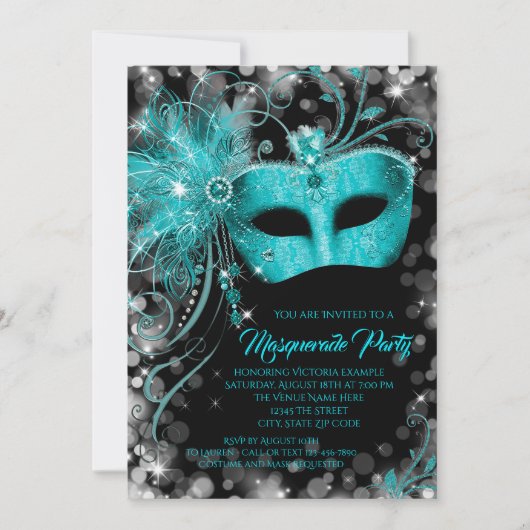 Extravagantes Aquamarines Blue Glitzer Masquerade  Einladung (Vorderseite)