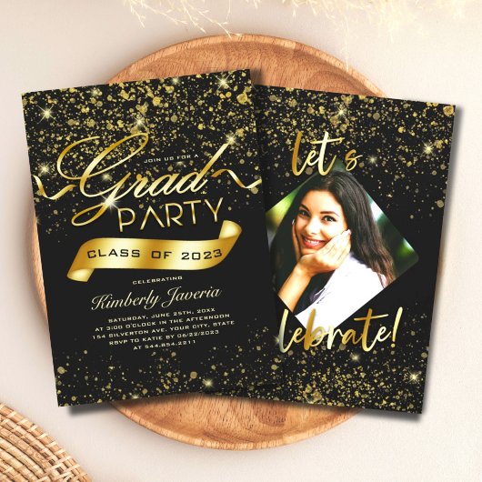 Extravagantes Black & Gold Glitzer Grad Party Einladung