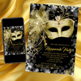 Extravagantes Black Gold Glitzer Masquerade Party Einladung
