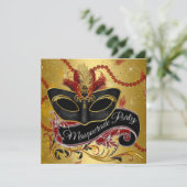 Extravagantes Black Gold Masquerade Party Einladung (Stehend Vorderseite)
