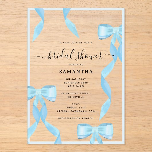 Extravagantes blaues Bow-Brautparty Acryleinladungen (Vorderseite)