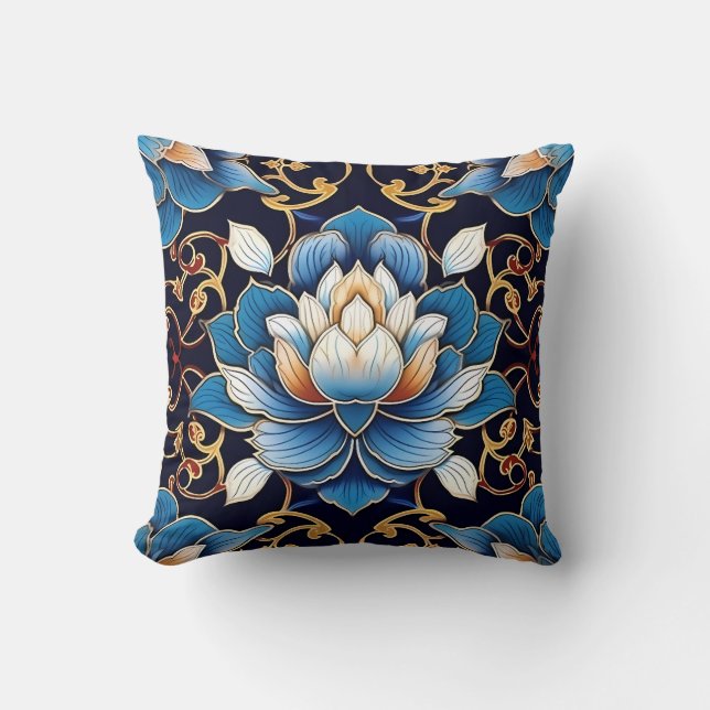 Extravagantes blaues Lotus-Tile-Muster Kissen (Vorderseite)