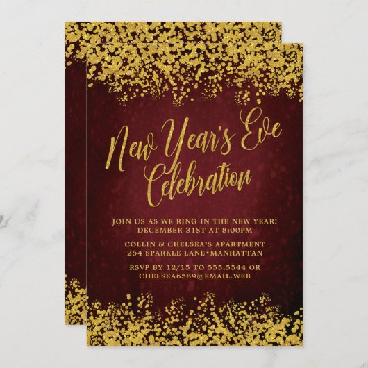 Extravagantes Burgund & Gold Silvester-Party Einladung (Vorne/Hinten)