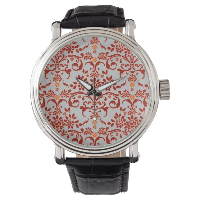 Extravagantes Damasdesign Orange und Silber Armbanduhr (Vorderseite)