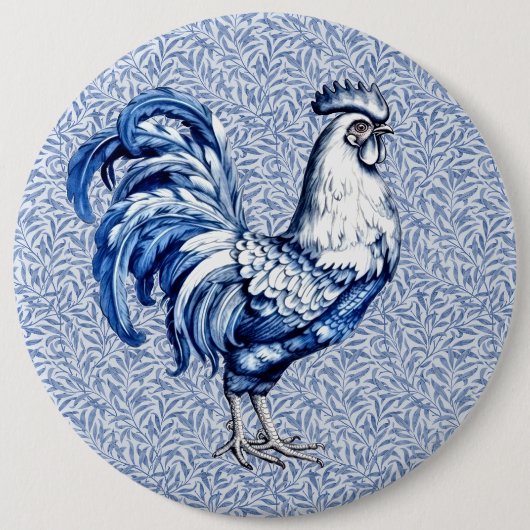 Extravagantes Delft-Blau-Weiß-Roster-Huhn Button (Vorderseite)