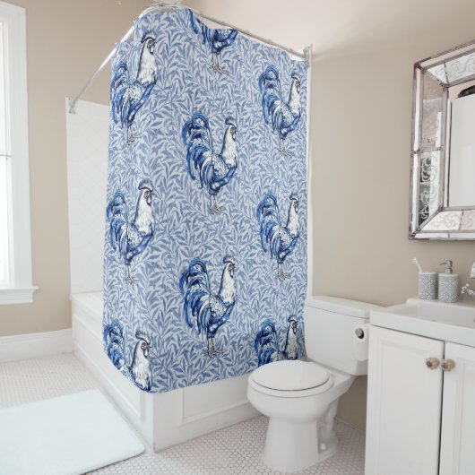 Extravagantes Delft-Blau-Weiß-Roster-Huhn Duschvorhang (Beispiel)