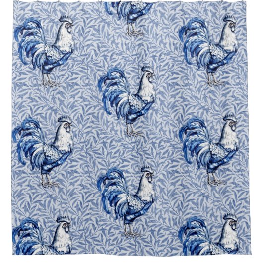 Extravagantes Delft-Blau-Weiß-Roster-Huhn Duschvorhang (Vorderseite)
