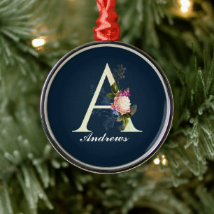 Extravagantes florales Monogramm A dunkelblau Ornament Aus Metall