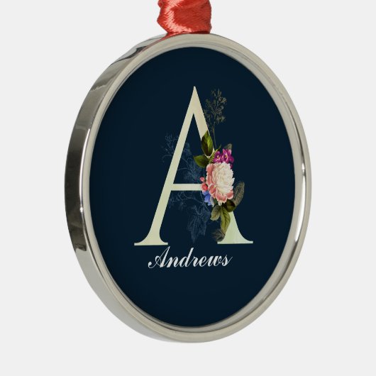 Extravagantes florales Monogramm A dunkelblau Ornament Aus Metall (Rechts)