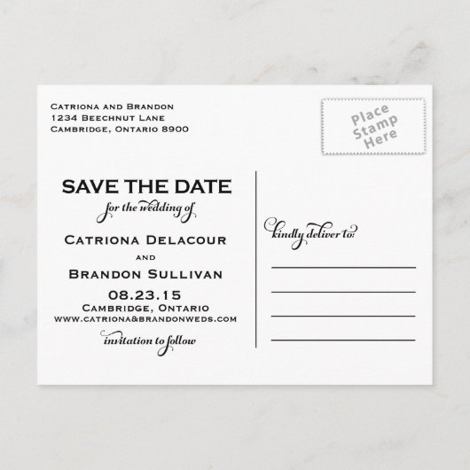 Extravagantes Foto mit weißem Skript Save the Date Ankündigungspostkarte (Rückseite)