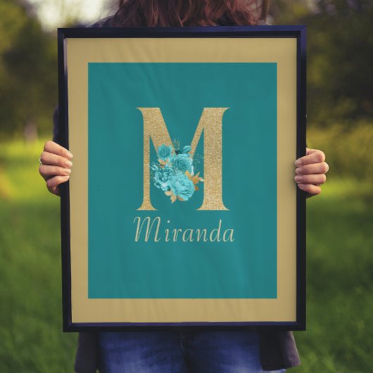 Extravagantes Gold & Aqua Floral Letter M Wand Dru Poster