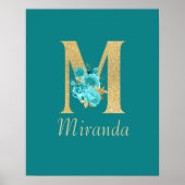 Extravagantes Gold & Aqua Floral Letter M Wand Dru Poster (Vorne)