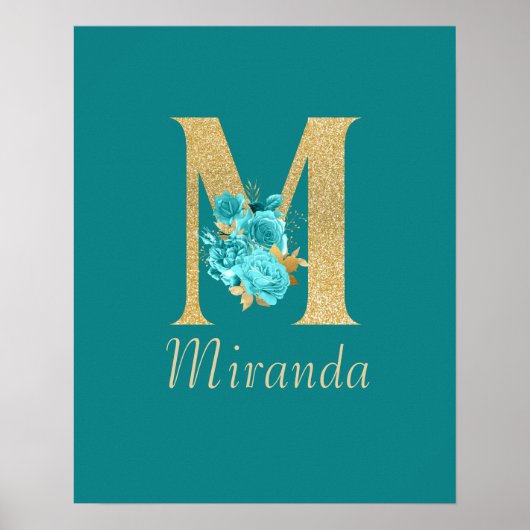 Extravagantes Gold & Aqua Floral Letter M Wand Dru Poster (Vorne)