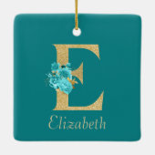 Extravagantes Gold und Aqua Floral Letter E Keramikornament (Rückseite)