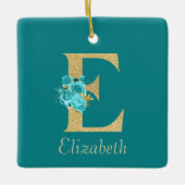 Extravagantes Gold und Aqua Floral Letter E Keramikornament (Vorderseite)