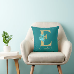 Extravagantes Gold und Aqua Floral Letter E Throw  Kissen