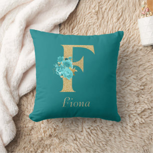 Extravagantes Gold und Aqua Floral Letter F Throw Kissen