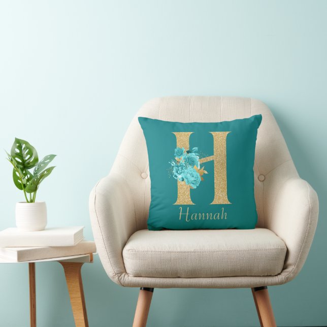 Extravagantes Gold und Aqua Floral Letter H Kissen (Stuhl )