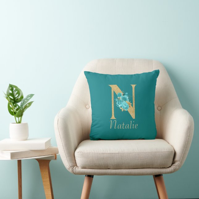 Extravagantes Gold und Aqua Floral Letter N Throw  Kissen (Stuhl )