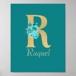 Extravagantes Gold und Aqua Floral Letter R Poster