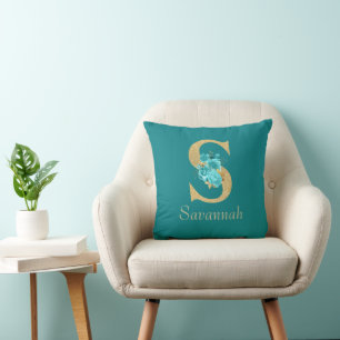 Extravagantes Gold und Aqua Floral Letter S Schubk Kissen