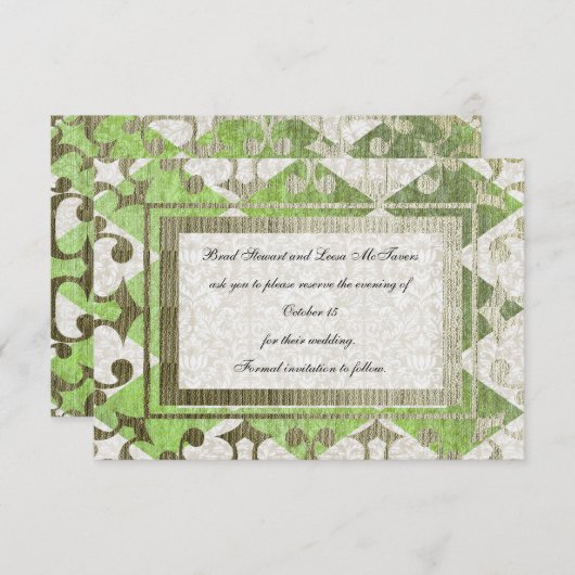 Extravagantes Grünes Gold Harlequin Mittelalter Sa Save The Date (Vorne/Hinten)