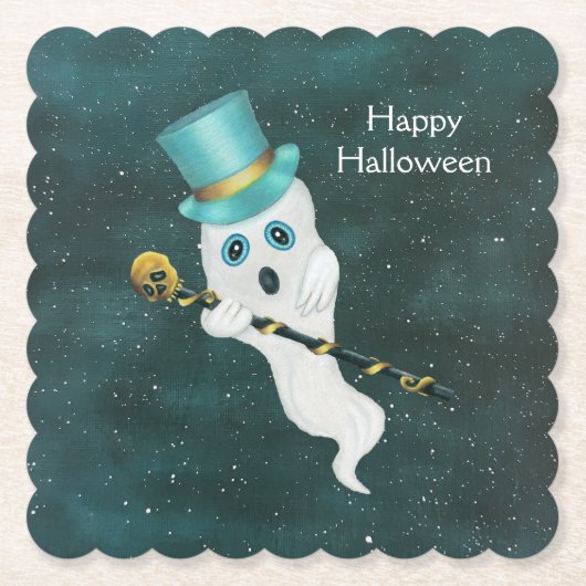 Extravagantes Halloween-Ghost mit Top-Hut-Gold-Sch Untersetzer (Vorderseite)