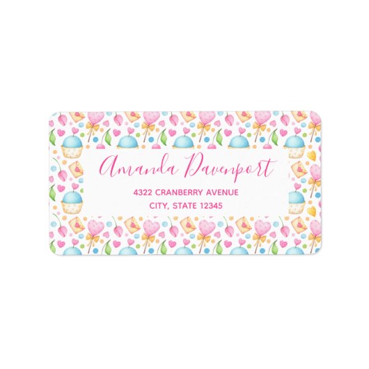 Extravagantes Herz- und Cupcakes Wasserfarbmuster Adressaufkleber (Vorne)