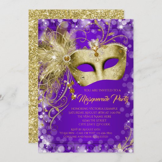 Extravagantes Lila Gold Glitzer Masquerade Party Einladung (Vorne/Hinten)