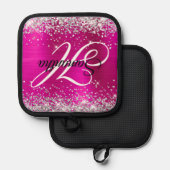 Extravagantes Monogramm für den Glitzer Silver Hot Topflappen (Vorderseite/Rückseite)