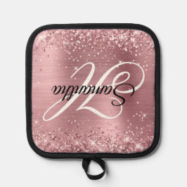 Extravagantes Monogramm für Glittery Light Pink Fo Topflappen