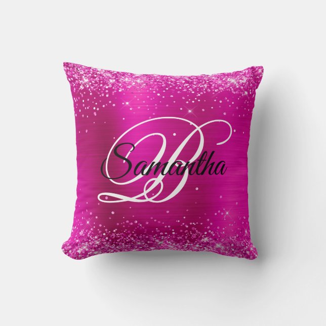 Extravagantes Monogramm Glittery Hot Pink Foil Kissen (Vorderseite)