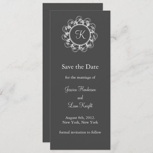 Extravagantes Monogramm Save the Date (grau) (Vorne/Hinten)