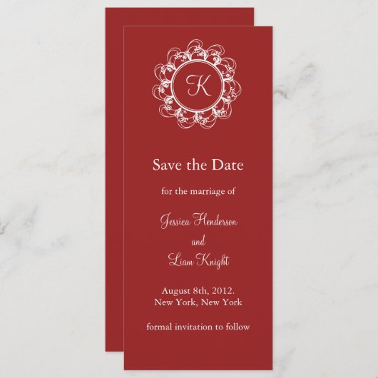 Extravagantes Monogramm Save the Date (rot) (Vorne/Hinten)