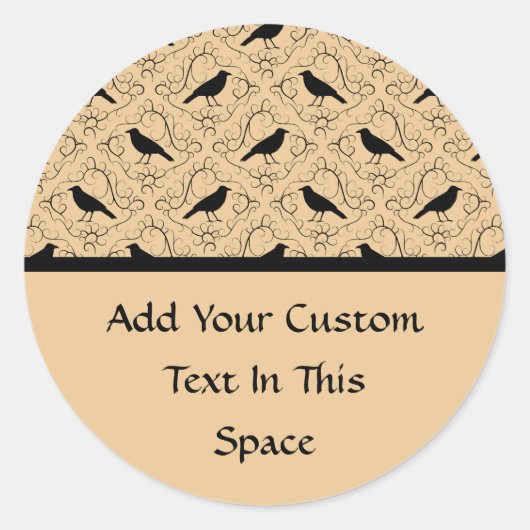 Extravagantes Muster mit Krähen. Schwarz und Beige Runder Aufkleber (Vorderseite)