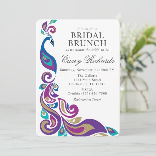 Extravagantes Pfau Lila und Aquamarines Brautparty Einladung (Stehend Vorderseite)