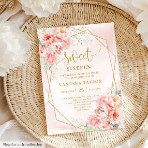 Extravagantes Pulver Pink Gold Blume Sweet 16 Einl Einladung