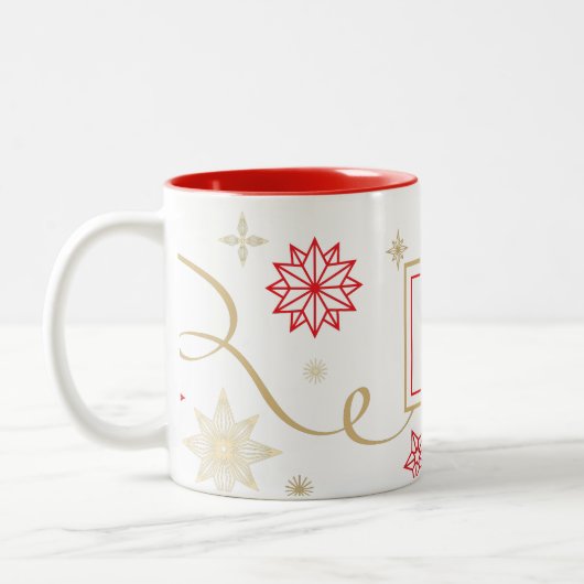 Extravagantes Rotes Gold Snowflakes Monogramm Zweifarbige Tasse (Links)