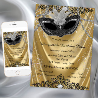 Extravagantes Schwarz-Gold-Masquerade-Party Einladung
