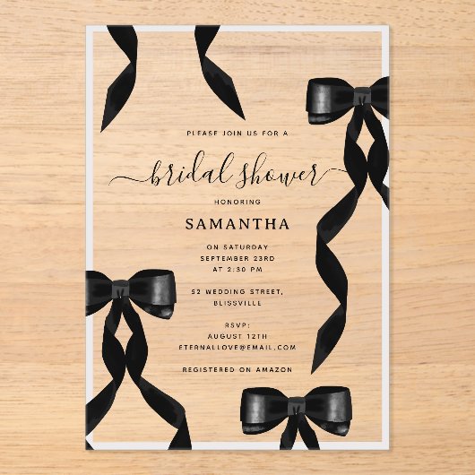 Extravagantes Schwarzes Bow-Brautparty Acryleinladungen (Vorderseite)