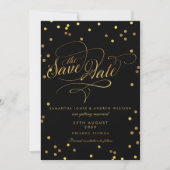 Extravagantes Script Gold Confetti Hochzeit speich Save The Date (Vorderseite)
