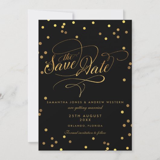 Extravagantes Script Gold Confetti Hochzeit speich Save The Date (Vorderseite)