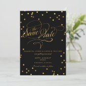 Extravagantes Script Gold Confetti Hochzeit speich Save The Date (Stehend Vorderseite)
