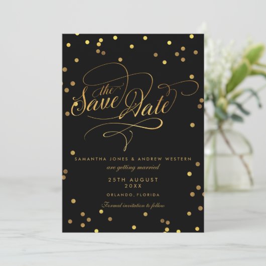 Extravagantes Script Gold Confetti Hochzeit speich Save The Date (Stehend Vorderseite)