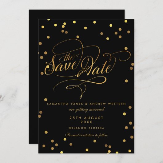 Extravagantes Script Gold Confetti Hochzeit speich Save The Date (Vorne/Hinten)