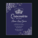 Extravagantes Silver & Navy HAUSHALT Quinceañera E<br><div class="desc">Diese preiswerten und preisgünstigen Einladungen in Quinceañera sind die perfekte Wahl für Klasse, Stil und Schönheit auf einem Budget. Das Design zeichnet sich durch einen dunkelblauen Hintergrund mit einer silbernen Krone und verzierten silbergrauen Gardinen und Wirbel in den Ecken aus. Die Typografie beinhaltet extravagante Schriftzeichen für einen Stil, der gleichzeitig...</div>