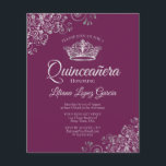 Extravagantes Silver & Plum BUDGET Quinceañera Ein<br><div class="desc">Diese preiswerten und preisgünstigen Einladungen in Quinceañera sind die perfekte Wahl für Klasse, Stil und Schönheit auf einem Budget. Das Design ist mit einem lila Hintergrund aus Magenta, Pflaume oder Beeren mit einer silbernen Krone und verzierten silbergrauen Gardinen und Wirbel in den Ecken ausgestattet. Die Typografie beinhaltet extravagante Schriftzeichen für...</div>